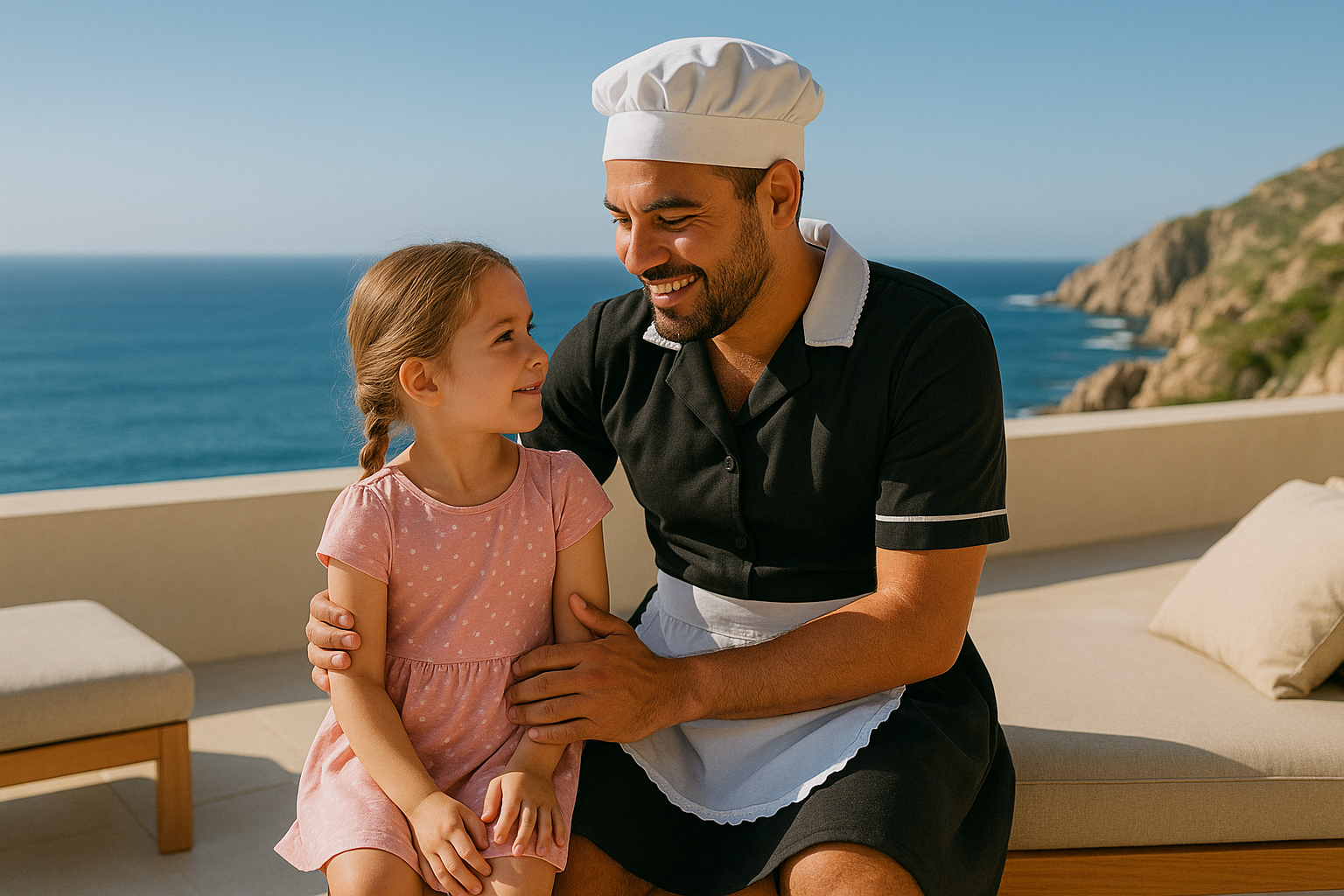 Babysitter playing with a child, ocean view outside