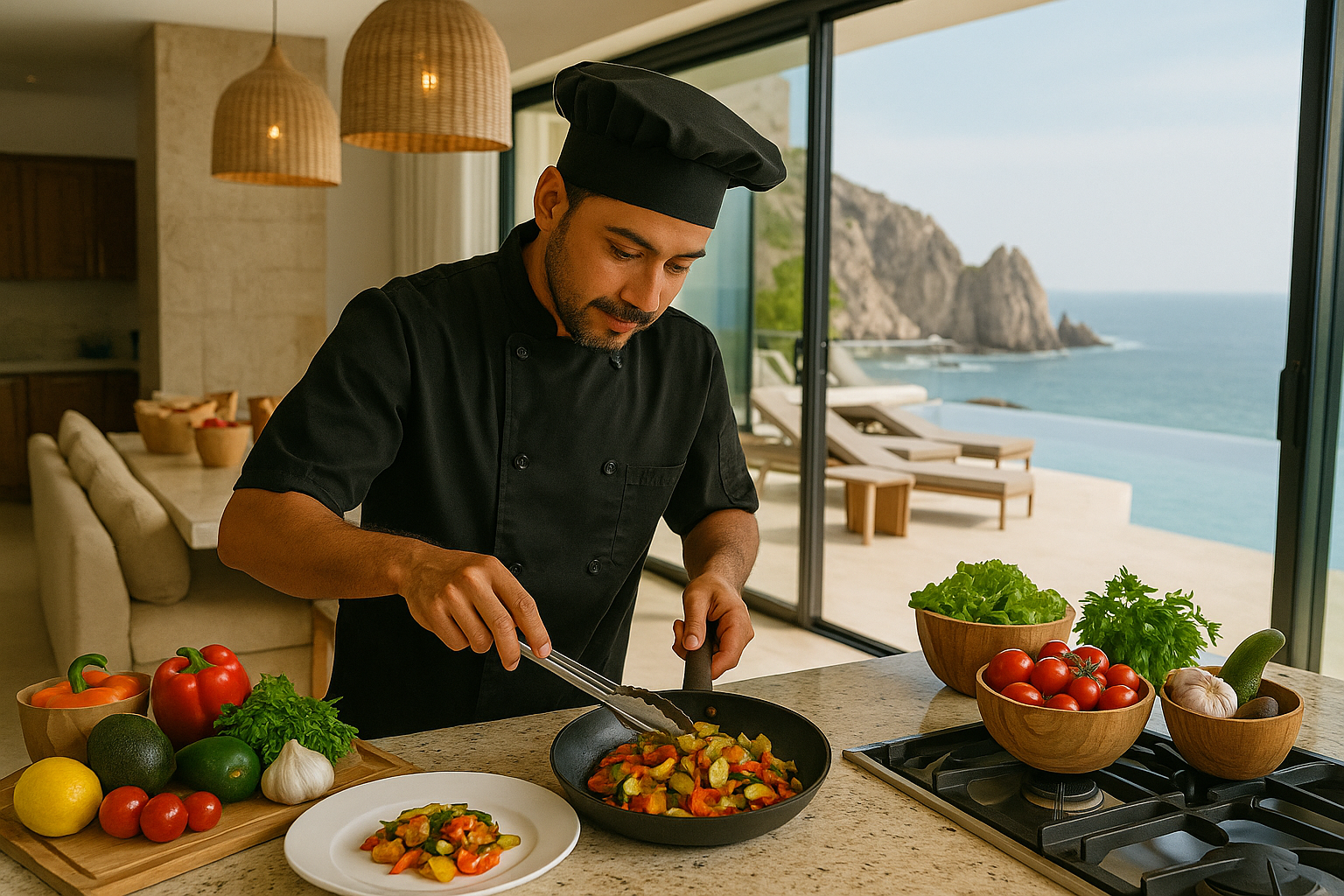 Private chef cooking in a villa kitchen