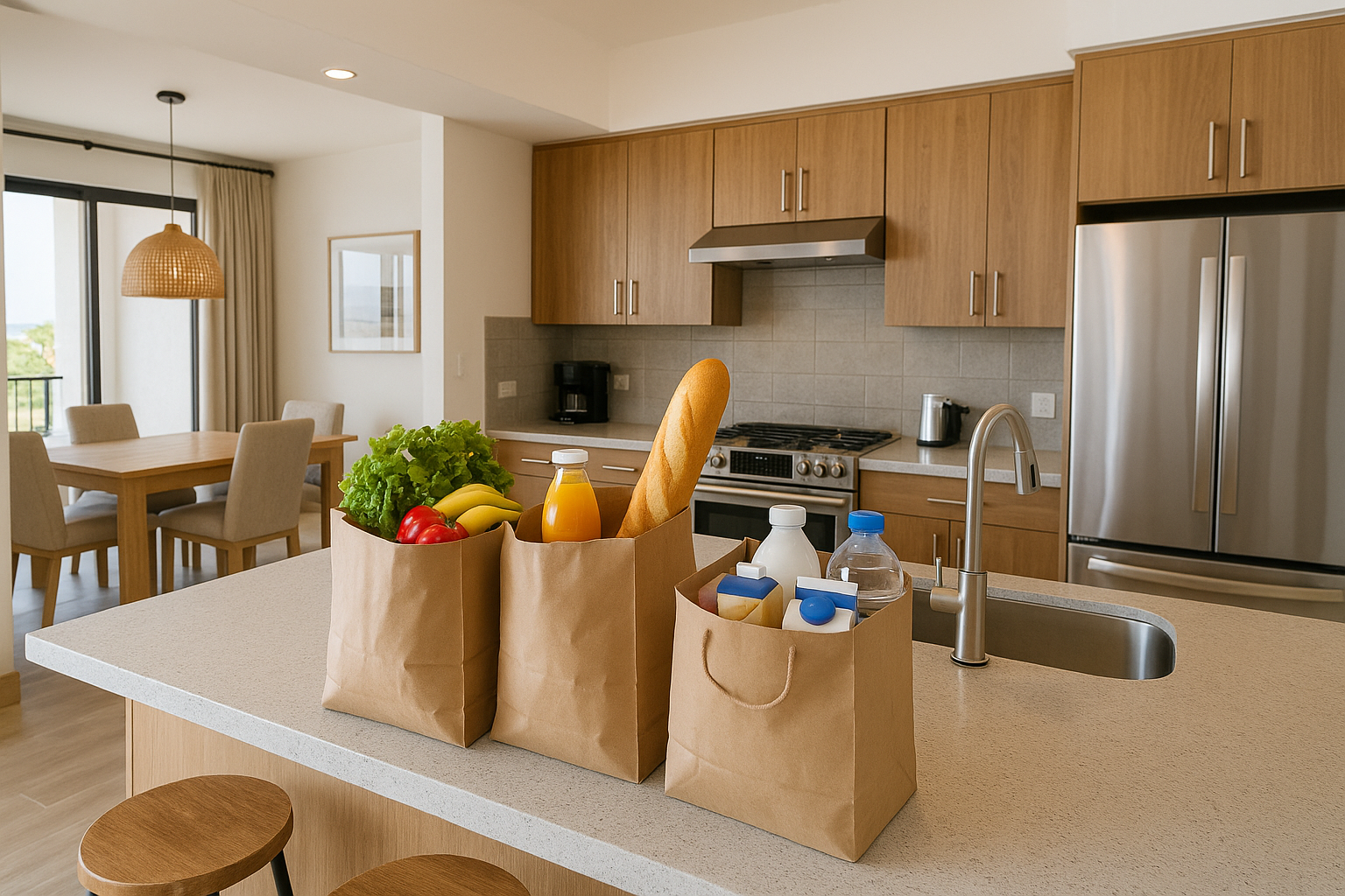 Groceries on a kitchen island inside an Airbnb