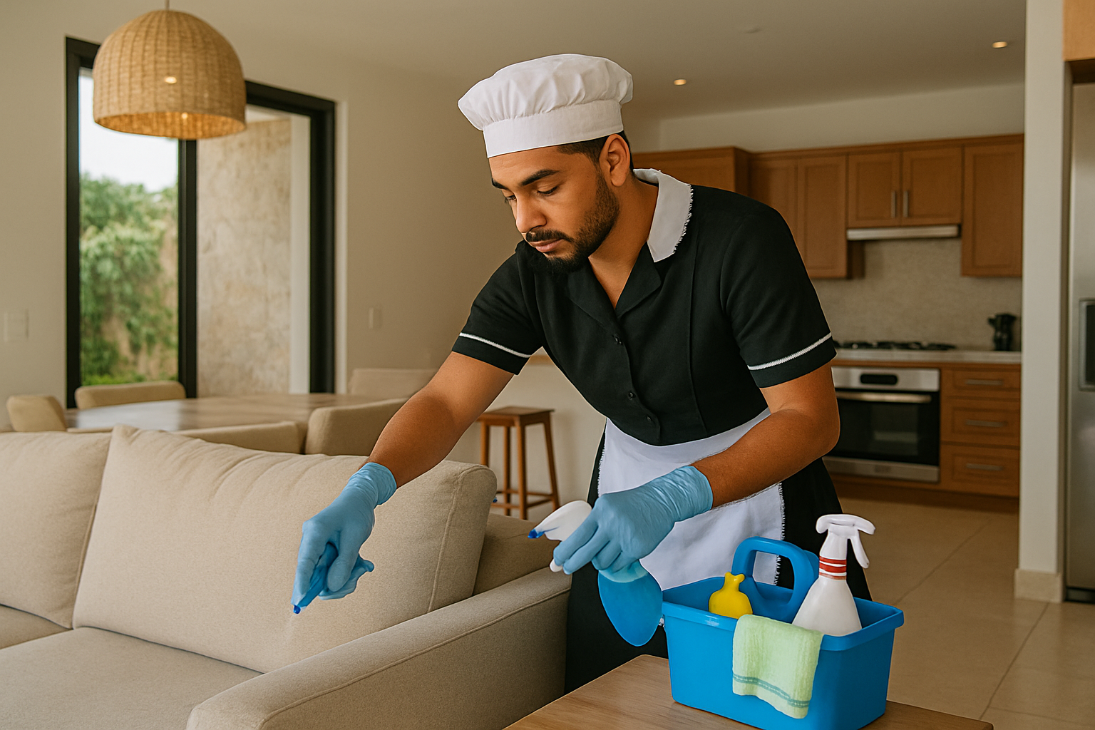 Cleaner tidying a bright vacation rental
