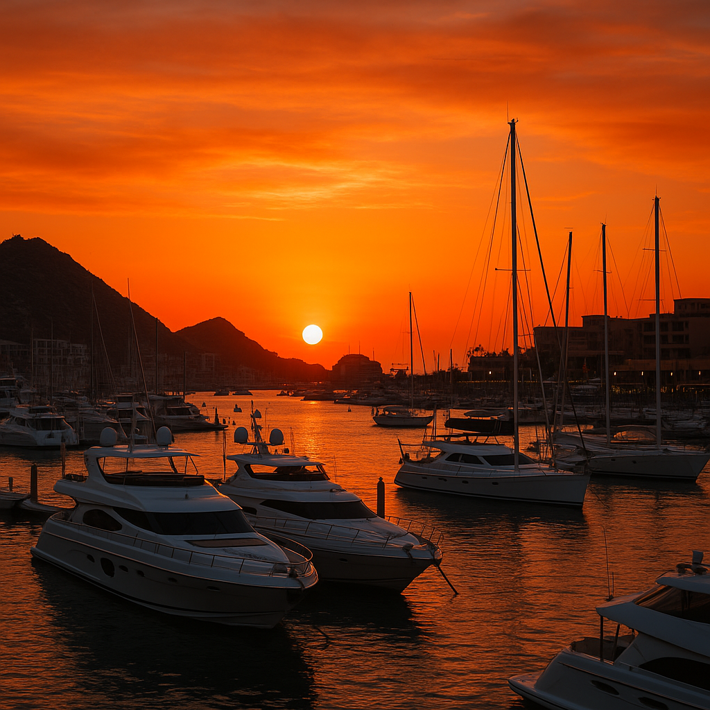 Cabo marina at sunset with yachts and orange sky