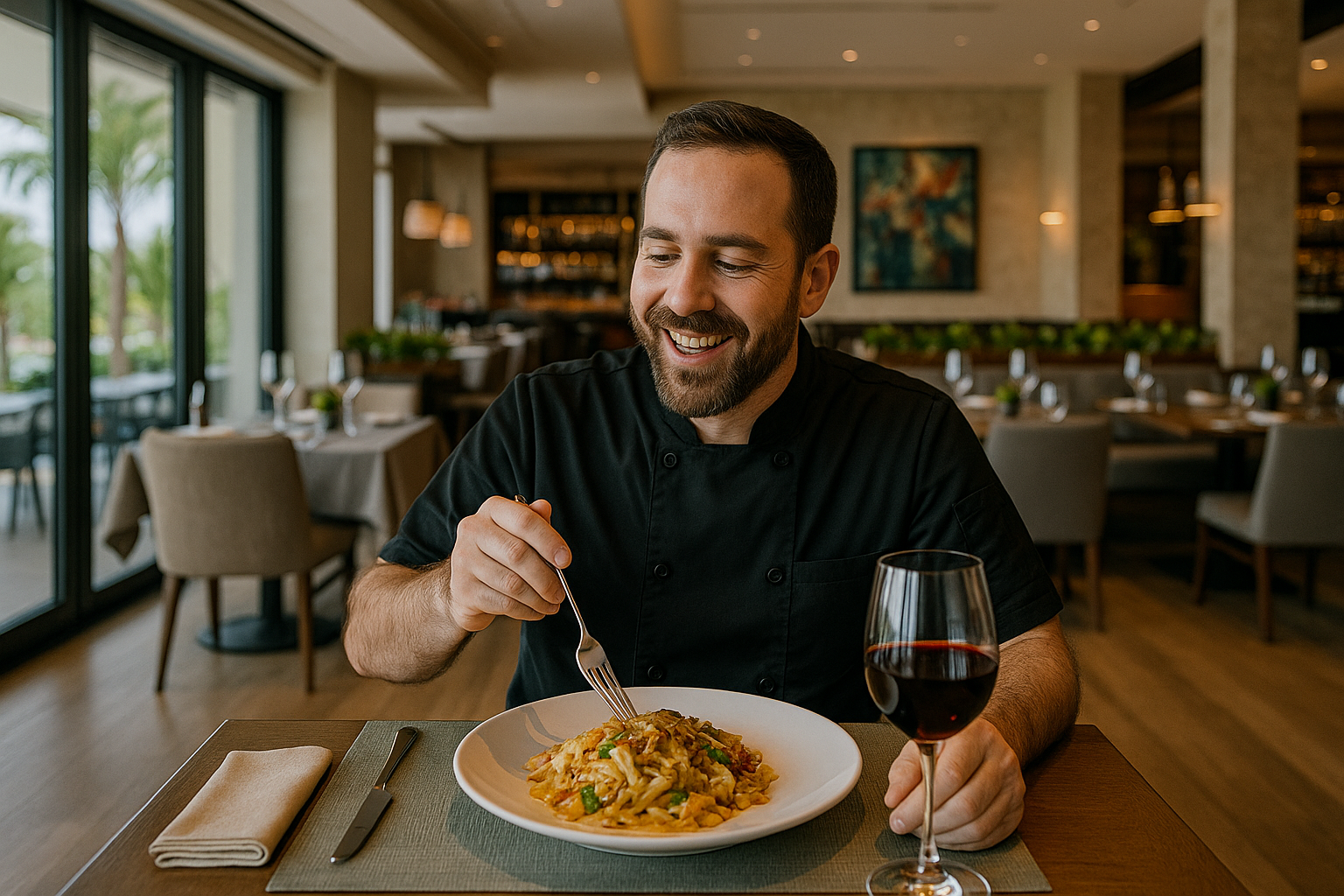 Dinner table on a terrace looking over the sea at sunset